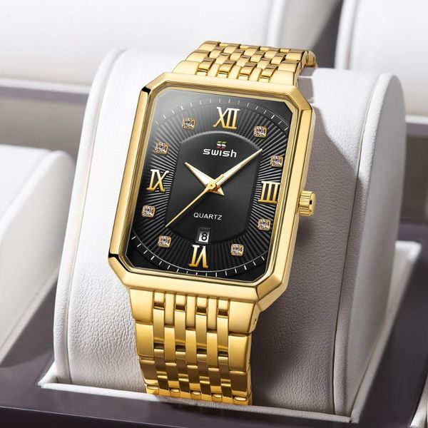Relógios de pulso moda relógios de aço inoxidável homens 2021 Swish Quadrado impermeável relógio de quartzo top ouro preto relógio de pulso para homem
