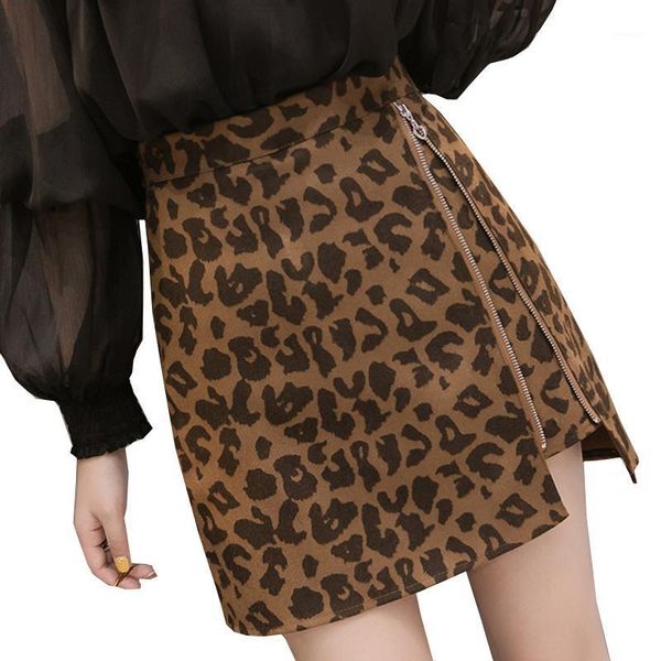 

leopard skirt 2021 elegant fashion women mini skirts korean side zipper irregular hip street slim faldas mujer moda, Black