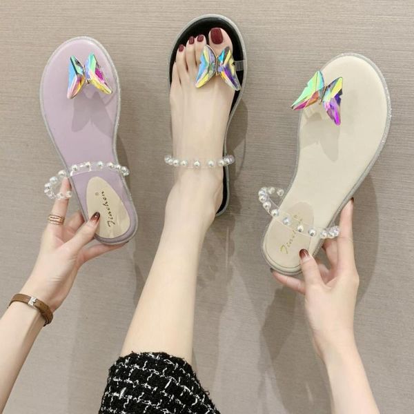 

slippers 2021 summer pearl butterfly rhinestone beach resort sandals 3 color, Black