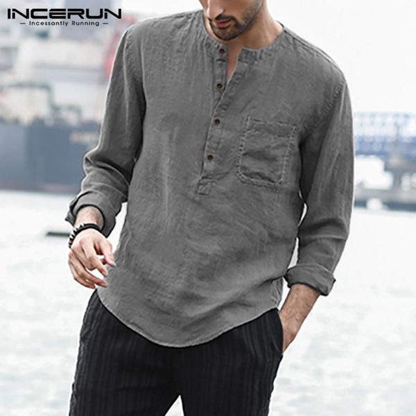 

incerun men casual shirt solid color streetwear o neck button leisure long sleeve cotton camisa masculina 2021 breathable blouse, White;black