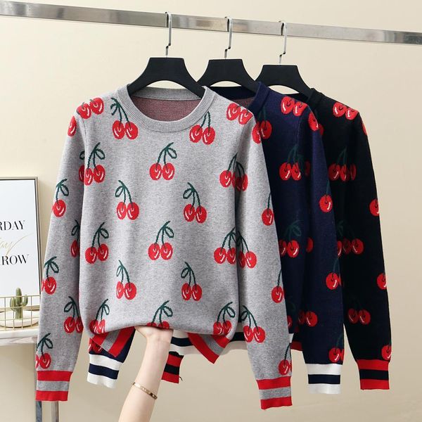 

2021 new merhcall autumn winter sweet lolita cute embroidery cherry knit women casual pullover slim sweater long style dblf, Tan;black