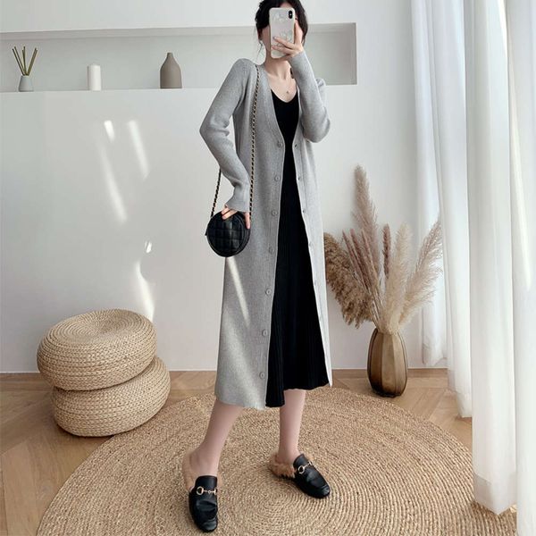 

autumn 2021 new solid color fashion knitted cardigan coat women's long sleeve medium length sweater, White;black
