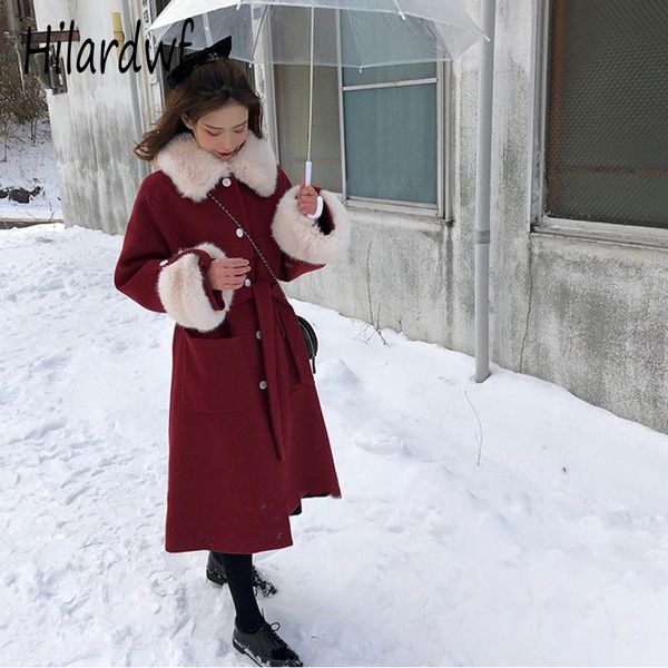 

women's wool & blends hilardwf long sleeve collar single breasted waist closing wine red knee length korean thin hepburn style blend co, Black