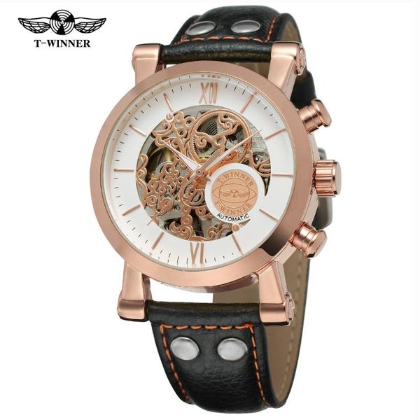 

wristwatches t-winner fashion saat reloj watch rose gold skeleton automatic mechanical mens watches men's black belt, Slivery;brown