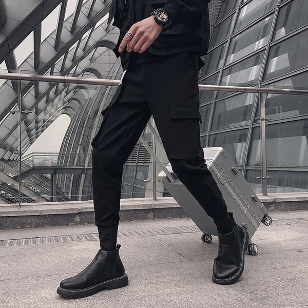 

new venda quente lado e bolso decorao hip hop harem roupas masculinas 2021 primavera vero magro ajuste casual joggers calas preto 1jeu, Black