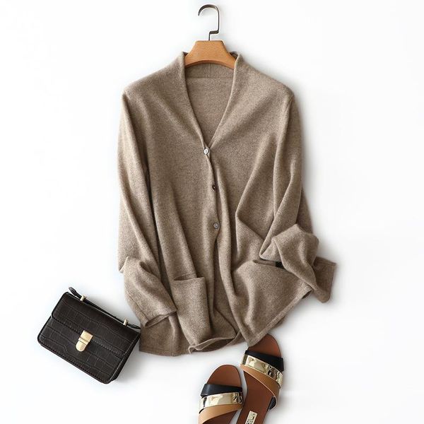 

women's knits & tees 2021 autumn v-neck 100% cashmere sweater soft cardigan sweaters coat knitted european and american style women, White