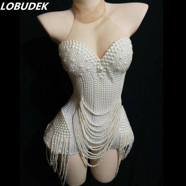 

women's jumpsuits & rompers women stage wear white pearl beading bodysuit sleeveless bar nightclub dj singer dancer costume party dance, Black;white