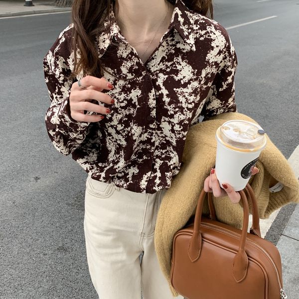 

2021 all match loose basic full sleeves new arrival vintage printed casual shirts leisure women stylish blouses vose, Black