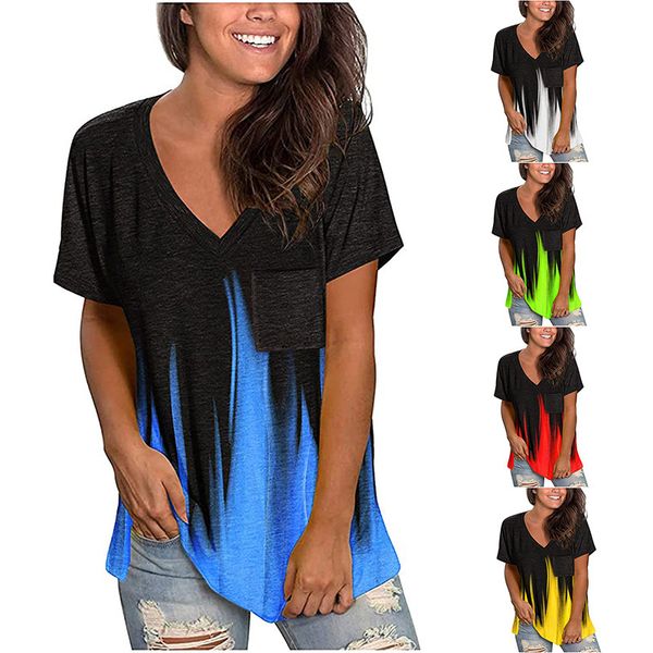 

2021 spring and summer new luminous printing v-neck pocket loose short sleeve women's t-shirt, White