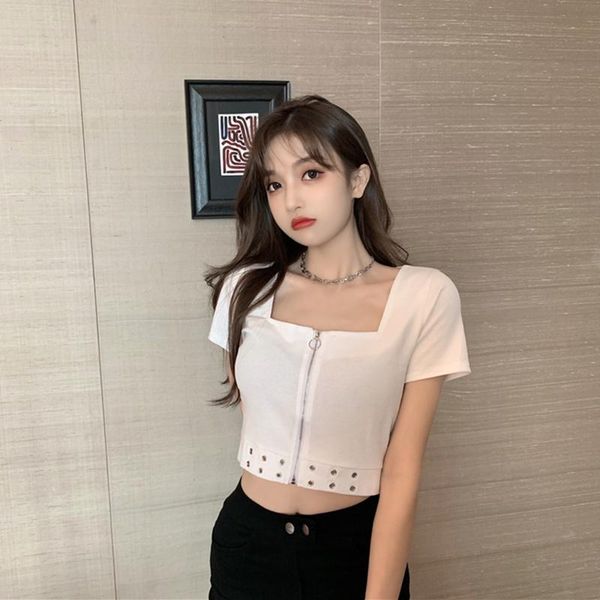 

women's t-shirt high waist short-sleeved clothing 2021 short design sense female niche hong kong style zip cardigan, White