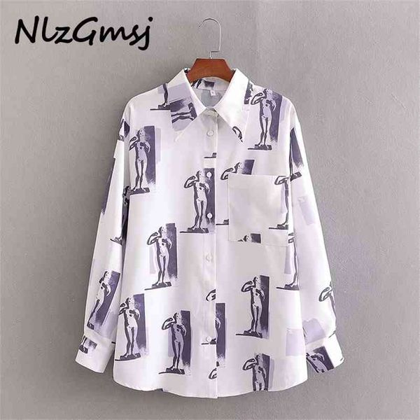 

blouse women character print long sleeve button up shirt korean fashion clothe casual streetwear loose 210628, White