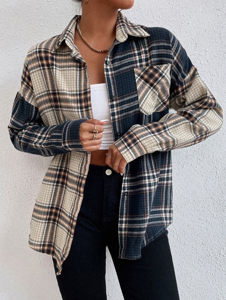 

plaid drop shoulder blouse t5xl#, White