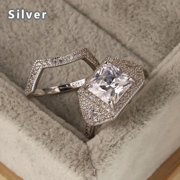 

cluster rings of european and american fashion 925 sterling silver pair ring set with platinum zircon luxury crystal jewelry, Golden;silver