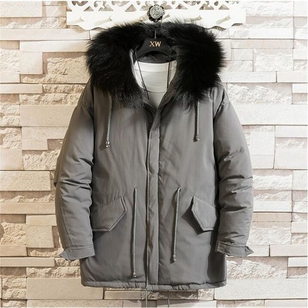 

winter jackets men fur warm thick cotton hooded parkas mens casual fashion warm coats windbreaker overcoat 210222, Black