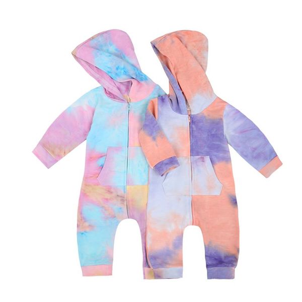 

jumpsuits baby boy girl hooded rompers, long sleeve tie dye print zip up one piece jumpsuit pants with pocket, Blue