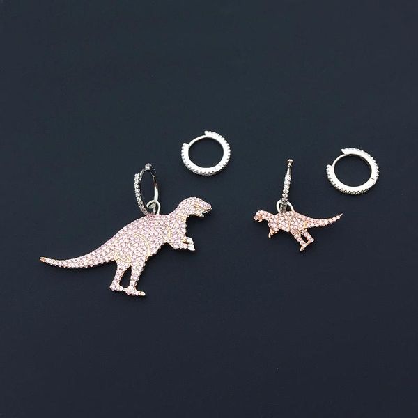 

hoop & huggie s925 sterling silver pink dinosaur asymmetric earrings female sweet and interesting temperament, Golden;silver