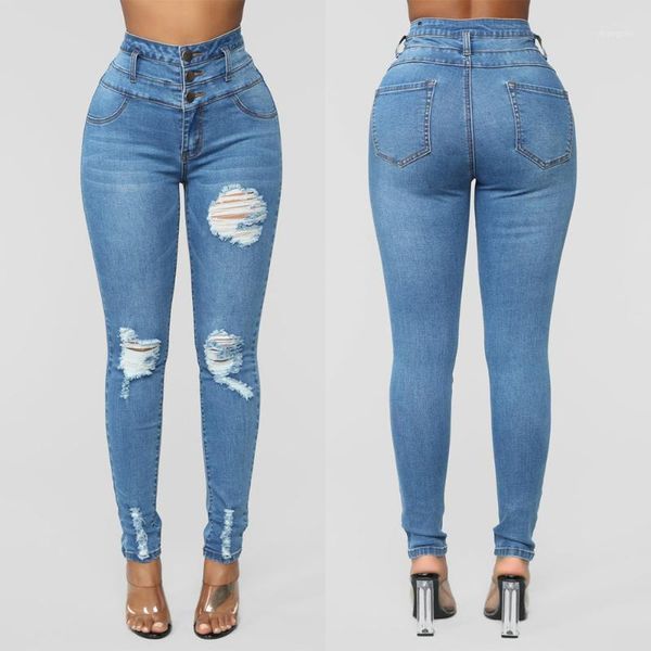 

women's jeans women ripped distressed hole skinny high waisted denim long pants trousers button ladies stretch jeggings slim pencil, Blue
