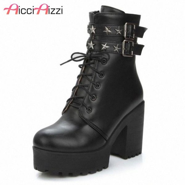 

aicciaizzi size 34 43 lady high heel boots platform cross strap rivet round toe thick heel boot handmade winter warm botas r7ww#, Black