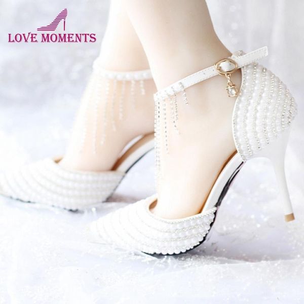

dress shoes 2021 summer white pearl wedding tassel ankle strap rhinestone evening party pointed toe bridal prom pump, Black