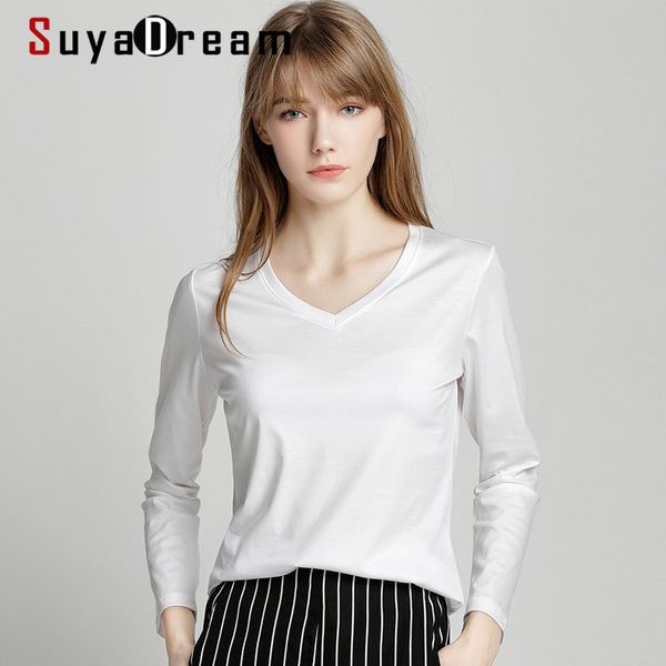 

suyadream women solid t shirts cotton and silk mix plain o neck long sleeved shirts autumn winter basic 210302, White