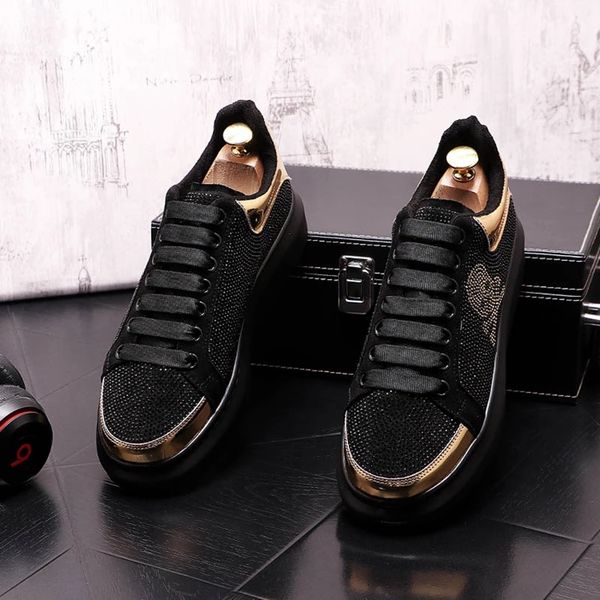 

new men's luxury designer black rhinestone shoes causal flats moccasins male thick bottom rock hip hop crystal sneakers ankle boots