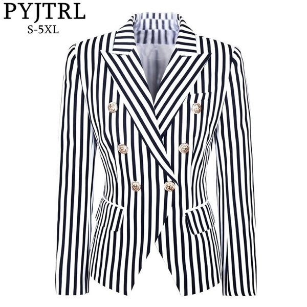

pyjtrl women autumn winter double-breasted classic striped slim suit jacket navy blue black fashion street-wear printed blazers 201106, White;black