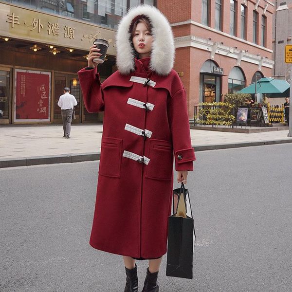 

women's wool & blends 2021 winter warm women jacket red horn button long autumn female woman parkad hooded big fur collar veste femme w, Black