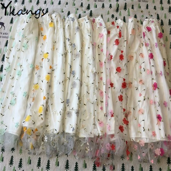 

candy colors 3d flower embroidery lace mesh pleated skirt women high waist long midi skrit elegant tulle sweet kawaii streetwear 210315, Black