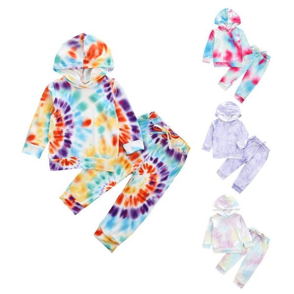 

clothing sets 2021 fall autumn 6m-3y infant baby girls boys 2pcs set tie dye print hooded long sleeve pants toddler clothes outfits, White