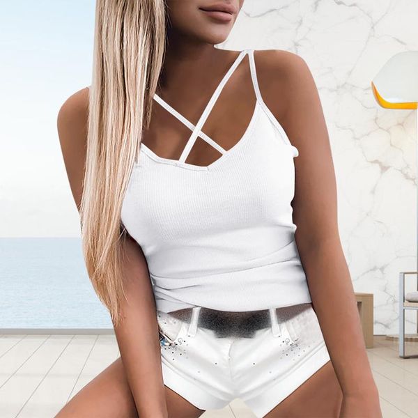 

women's tanks & camis ladies' crop sleeveless for women fashion cross strap tank t-shirt vetement femme, White