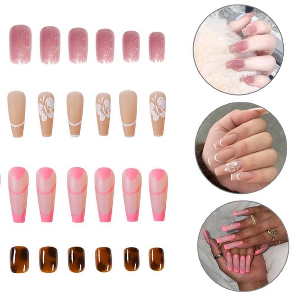 

false nails 24pcs/box pink glitter with design long coffin ballerina fake full cover wearable nail tips press glue, Red;gold
