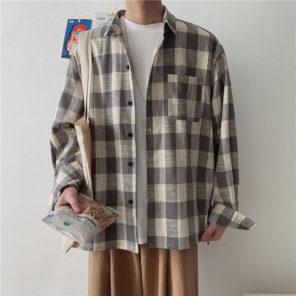 

2021 new spring cotton plaid men's fashion hit color retro casual shirt men streetwear korean loose long-sleeved shirts mens -2xl gncl, White;black