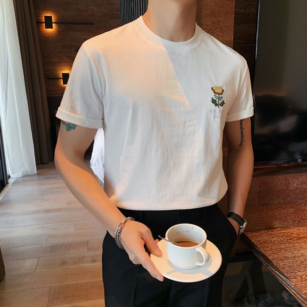 

summer short sleeves men's casual fashion 2021 solid round collar thin embroidered shirt homme 3xl- 48j6, White