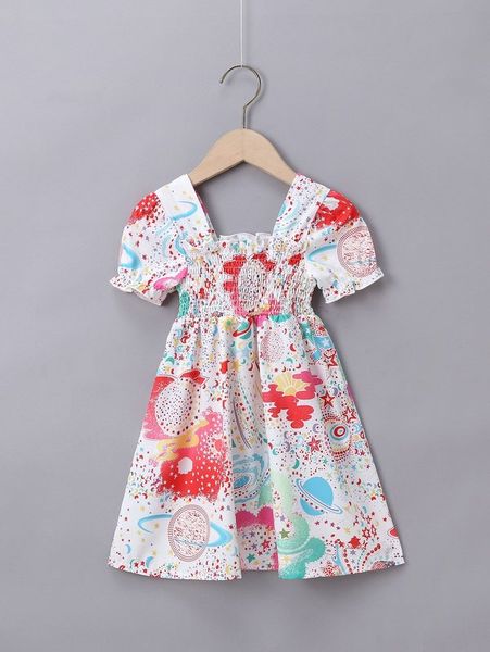

toddler girls planet print shirred dress she, Red;yellow