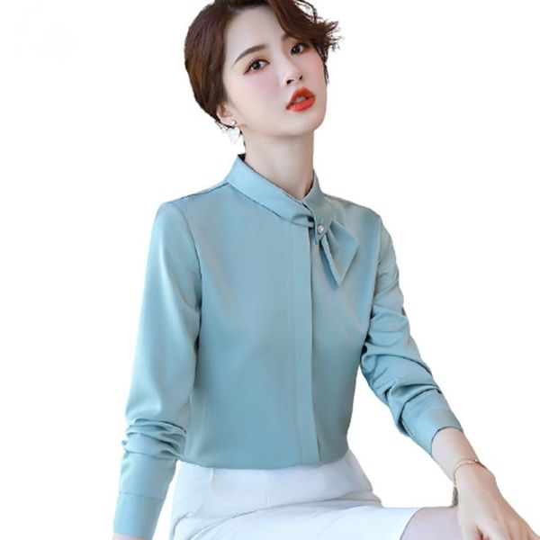 

women's blouses & shirts light green bow shirt women long sleeve 2021 autumn fashion temperament satin office ladies formal work white