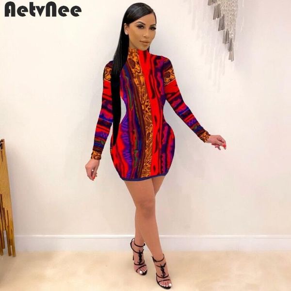 

casual dresses aetvnee print mini dress women 2021 fall turtleneck full sleeve bodycon lady y2k club vestidos party street clothes, Black;gray