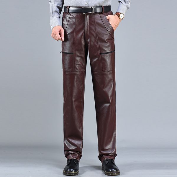 

2021 new brand spring autumn men thicken elastic waist winter male genuine cowhide leather trousers punk motorcycle pants 7v1w, Black