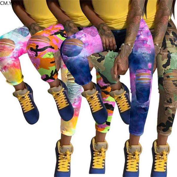 

cm.yaya women tie dye print hole pencil jeans streetwear high waist hollow out washed denim pants fashion trousers 210915, Blue