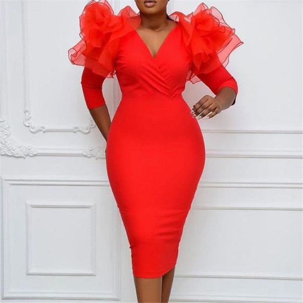 

casual dresses summer red bodycon dress v neck lady party birthday work midi robe plain african 2021 chic female vestiods, Black;gray