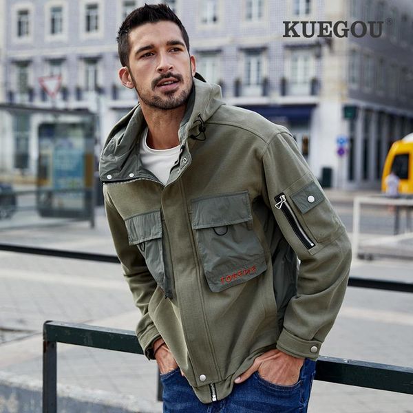

kuegou 2021 autumn embroidery men jacket and coat casual streetwear for male outerwear with zipper hooded plus size clothes 9071, Black;brown