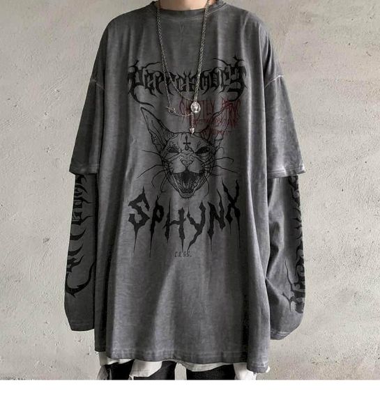 

men's t-shirts punk t shirt streetwear cool patchwork tshirt harajuku summer tees spring long sleeve high street loose japan sty, White;black