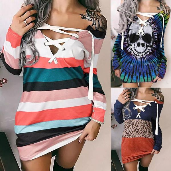 

casual dresses rainbow stripe print lace up deep v-neck off shoulder long sleeve dress loose temperament party midi femmle, Black;gray