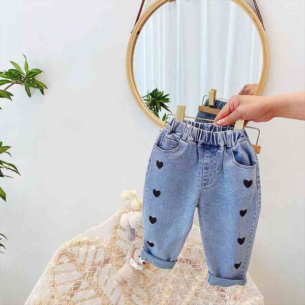 

spring autumn girls casual jeans pant baby kids children heart denim trousers, Blue