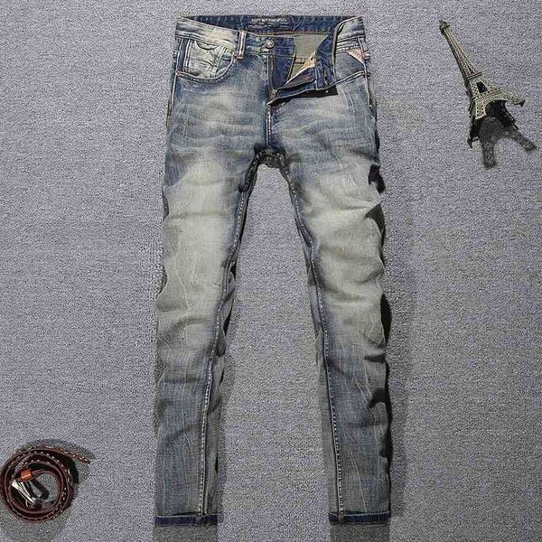 

men's jeans italian style fashion elastic cotton distressed retro yellow blue slim ripped vintage designer denim pants 4mgy
