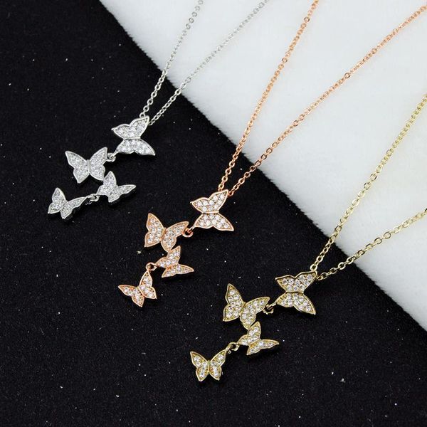

pendant necklaces fashion minimalist shiny micro cz zircon four butterfly necklace for women clavicle chain korean jewelry gift, Silver