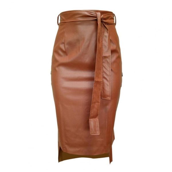 

skirts 50% swomen autumn winter faux leather bandage button bodycon split midi skirt, Black