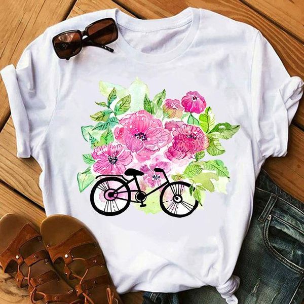 

women's t-shirt funny bicycle with flowers women tshirt summer harajuku cartoon tee shirt hip hop casual flower tshirts, White