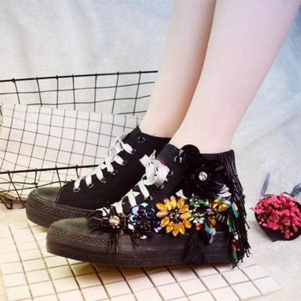 

dress shoes 2021 fashion high canvas women's black tide brand rhinestone sequins flowers beaded straps sneakers