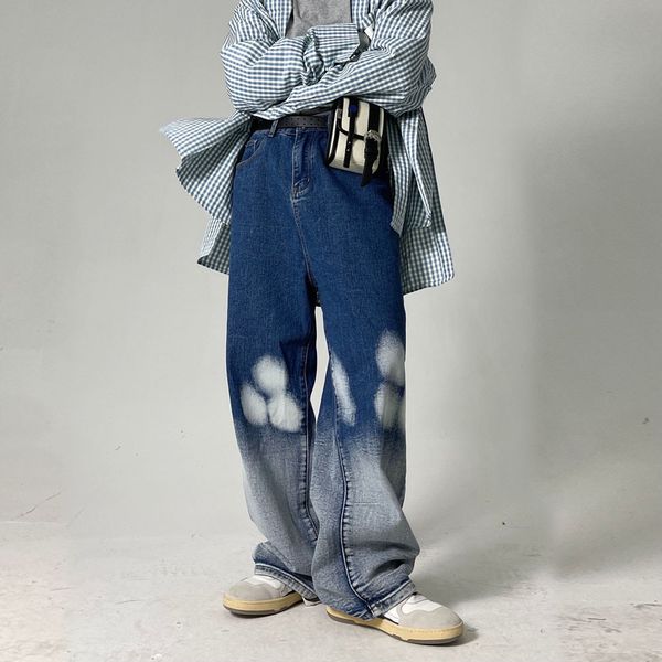 

men's jeans men tie dye washed casual straight trousers male streetwear hip hop vintage wide leg denim pant wids, Blue