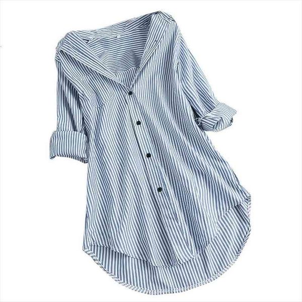 

5xl plus size spring fashion womens blouses stripe button casual turn down collar long sleeve tunic top, White